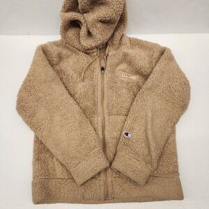 Champion Sherpa Fleece Full Zip Hoodie‎ Tan Brown Warm Cozy Medium
